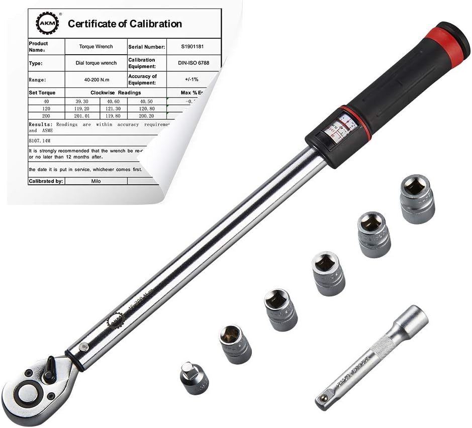 AKM 1/2-inch Drive Dual-Direction Click Torque Wrench Set High Precision 72 Tooth Wrench with Buckle (30-150ft.-lb / 40-200Nm)