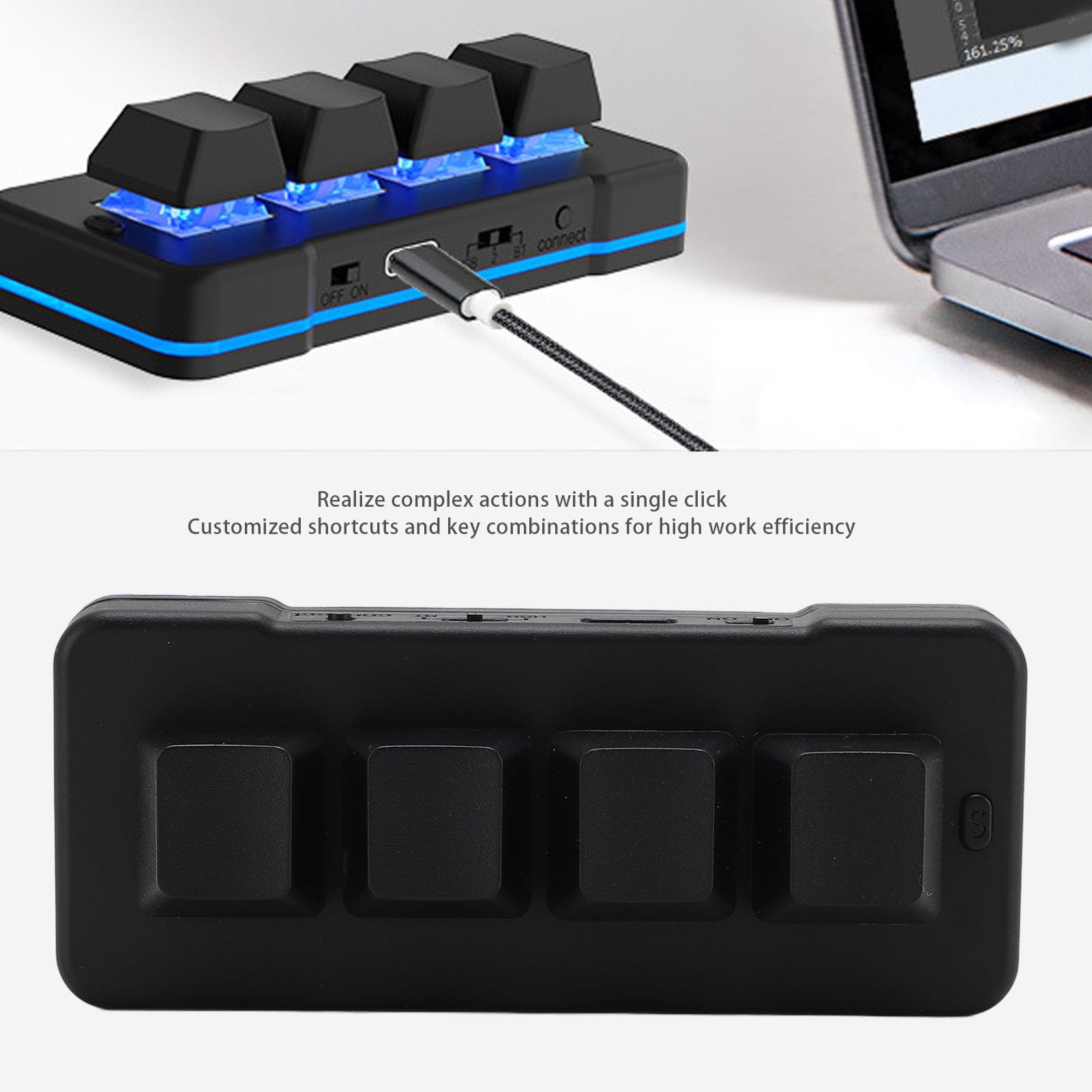 Bewinner Programmierbare Makromechanische Tastatur mit 4 Tasten, Kabelloses 2,4-G-Bluetooth und Kabelgebundenes USB-Gaming-Pad mit Blauem Schalter mit RGB-Hintergrundbeleuchtung für PC,