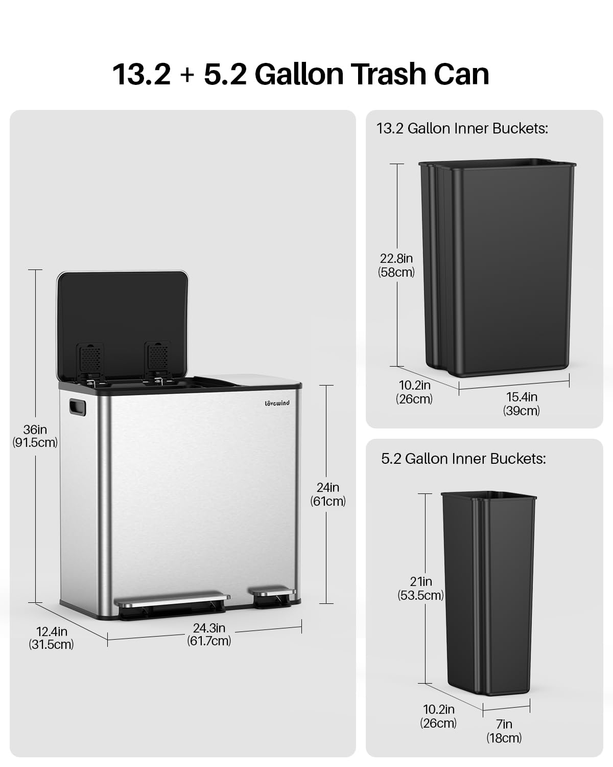 Dual Trash and Recycling Bins for Kitchen, 13.2 + 5.2 Gal (50+20L) Stainless Steel Trash and Recycle Bin Combo with Soft-Close Lid, Large Garbage Cans for Kitchen Home with 2 Magnets Sticker, Silver - Image 6