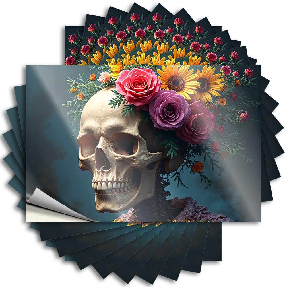 Fzfn Colour Personalized Square Tattoo - Skull With Flowers: A Mysterious Artwork Removable Decal Garage Easy Peel For Tiki(12X18cm)