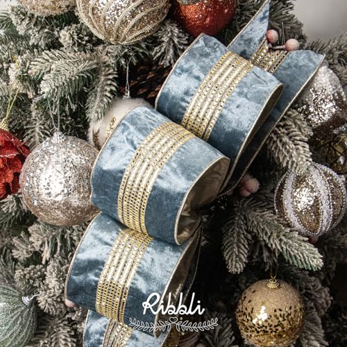 Ribbli Dusty Blue Velvet Wired Ribbon with Luxurious Glittering Stripe 4 Inch Christmas Ribbon for Tree Gift Wrapping Wreaths Garland Topper Bows Crafts Home Decor -10 Yards by Ribbli - Image 3