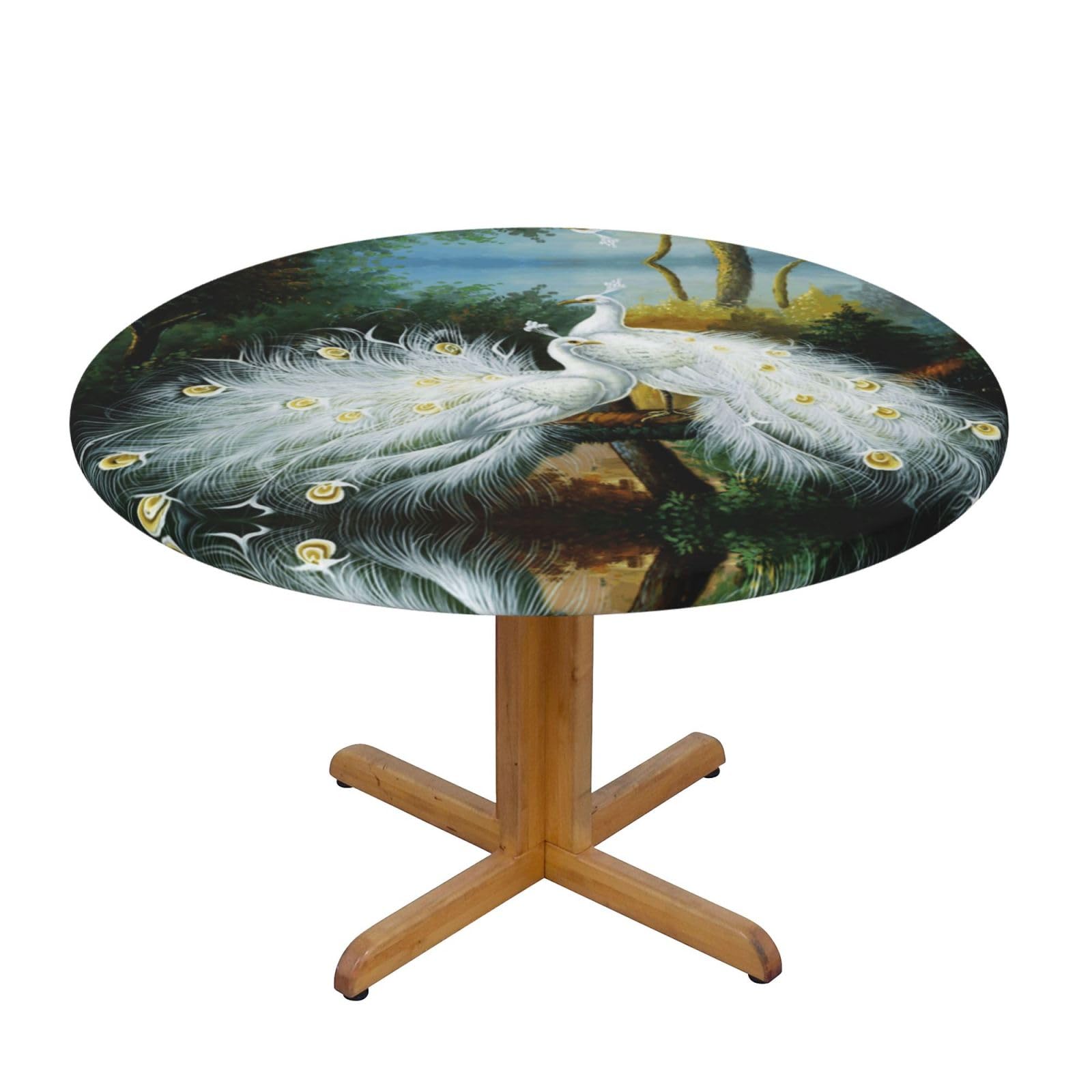 ESNAIUVCD White Peacock print Waterproof Round Tablecloth,Outdoor Table Cloth with Elastic Edged, Elastic Tablecloth Wipeable, Garden Table Cloth Suitable for sizes 90cm-140cm