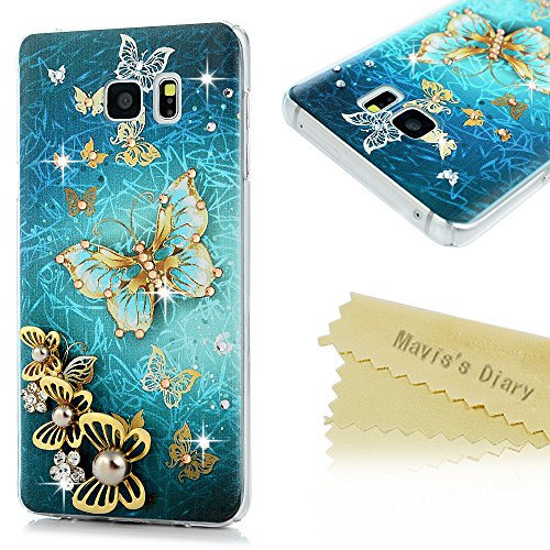 Mavis's Diary Galaxy Note 5 Case - 3D Handmade Bling Colorful Diamonds Gold Butterflies with Shiny Sparkle Rhinestone Gems Crystal Clear Full Body Protection Hard PC Case Cover