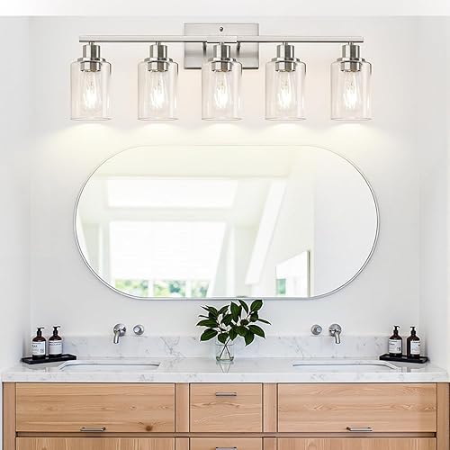 Miniatura 98 de Lámparas de baño de 3 luces, luces de tocador de latón para baño con pantallas de vidrio transparente, modernos apliques de pared de baño