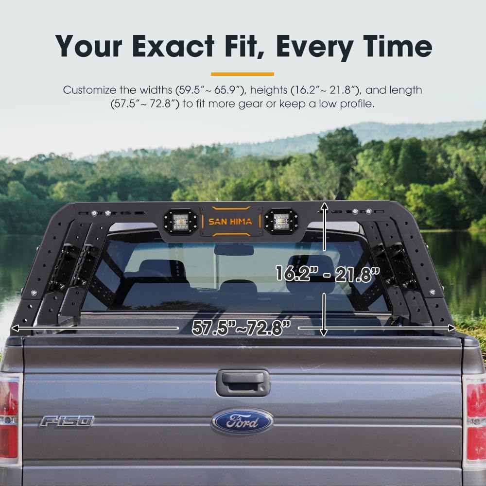Diagram showing adjustable dimensions of the truck bed rack