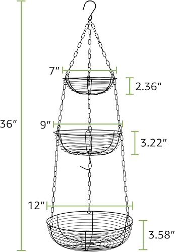 Miniatura 4 de HULISEN Cesta de frutas colgante de 3 niveles con gancho para plátano, cestas colgantes de alambre resistentes de 36 pulgadas para almacenamiento