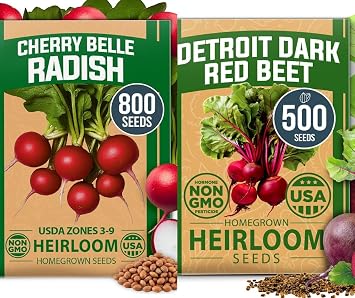 HOME GROWN USA PREMIUM Cherry Belle Radish Seeds 800 & HOME GROWN USA PREMIUM Detroit Dark Red Beet Seeds Pack 500