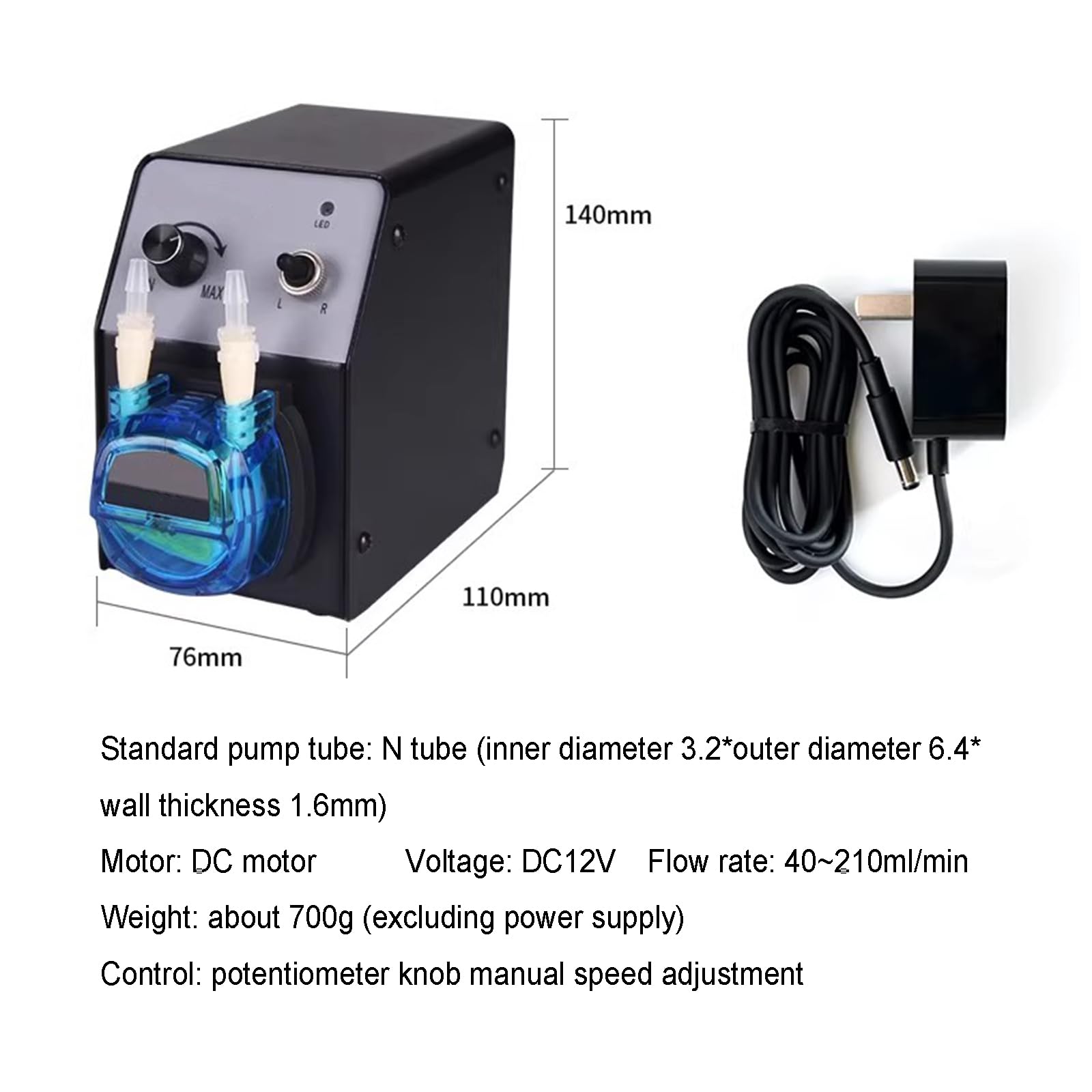 Bomba peristáltica para dosificación de líquidos, velocidad ajustable 40-210 ml/min, incluye tubo BPT de 3,2 x 6,4 mm, ideal para perfusión cuantitativa de laboratorio o fábrica