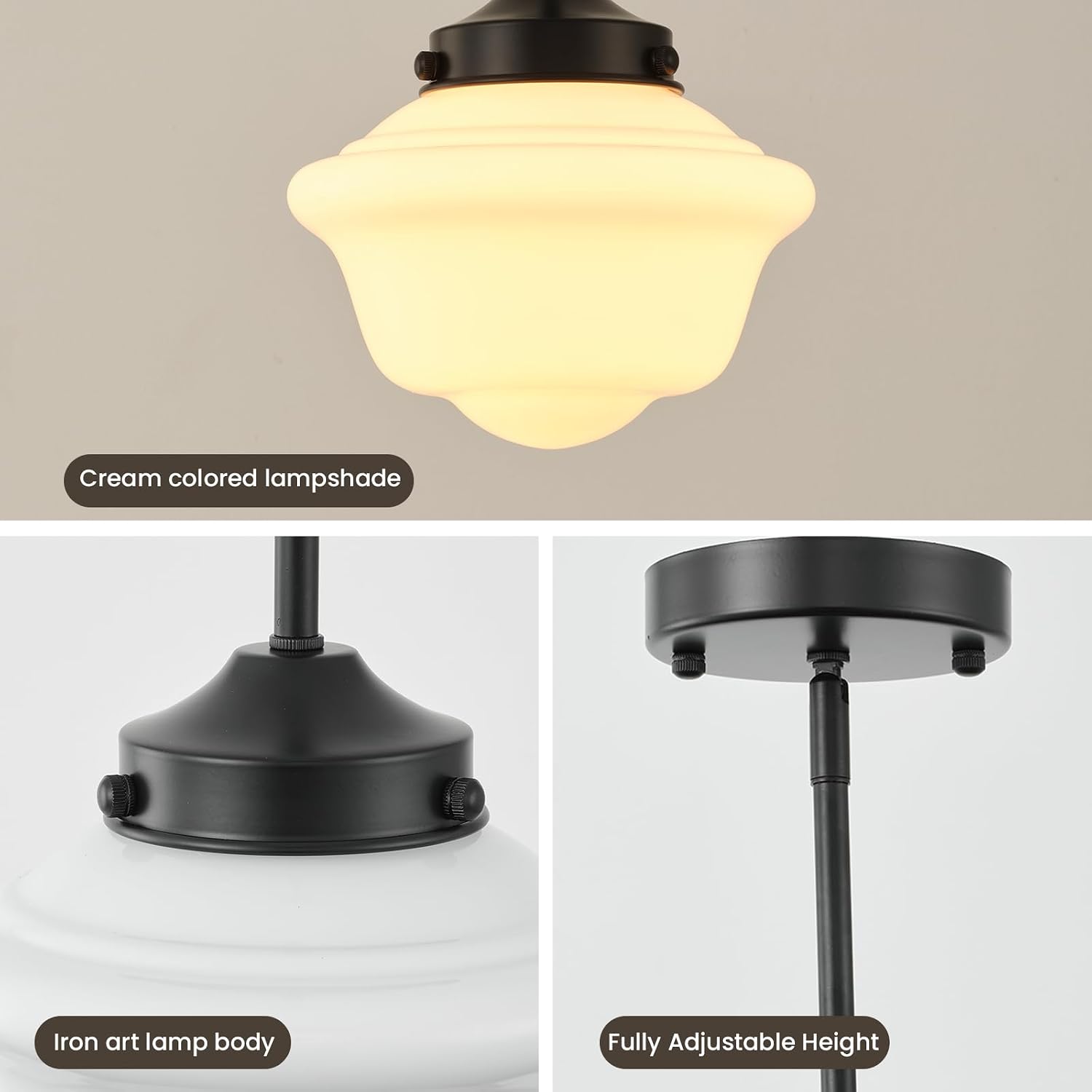 Black Farmhouse Pendant Light, 5in Adjustable Hanging Light with Milk Glass Shade, Small Vintage Pendant Fixture for Kitchen Island, Bathroom, Hallway