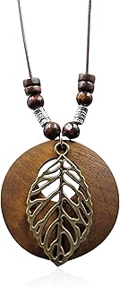 Vintage Bronze Tree of Life with Wood Pendant Necklace Bronze Leaf Long Leather Sweater Necklace Jewelry Gifts for Women