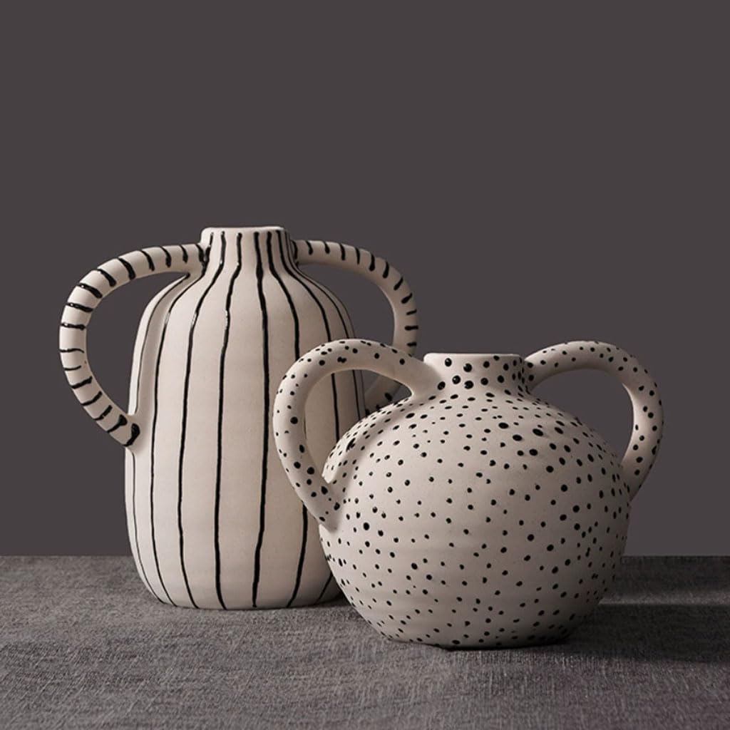 Jarrón de cerámica Hecho a Mano con Dos Asas, jarrón de Flores Blanco Mate, jarrones Modernos, decoración escandinava, jarrón de Mesa para Accesorios de hogar y decoración,A