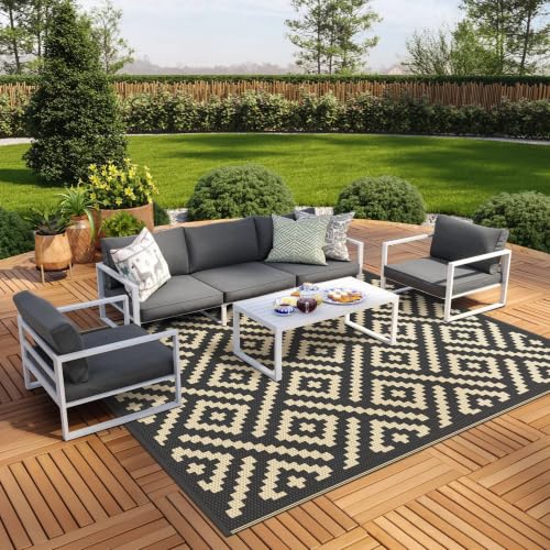 GENIMO B GENIMO Outdoor Rug, Waterproof Plastic Rugs 9'x12' for Camping Black Beige