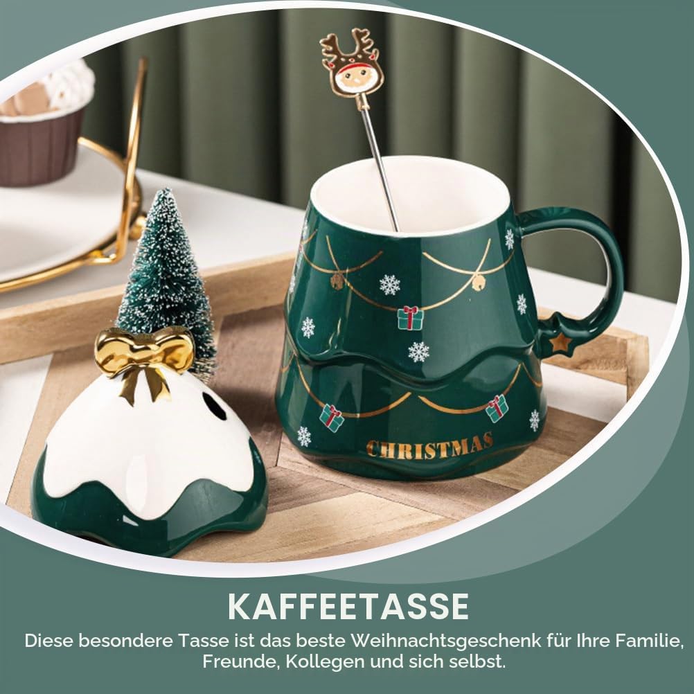 Cabilock 500ml Weihnachtstasse Groß mit Deckel & Löffel - Keramik Kaffeebecher Tannenbaum Grün, Lustige Teetasse für GlühweinKakao, Kaffeebecher & Milchtasse, Weihnachtsgeschenke für Frauen & Büro