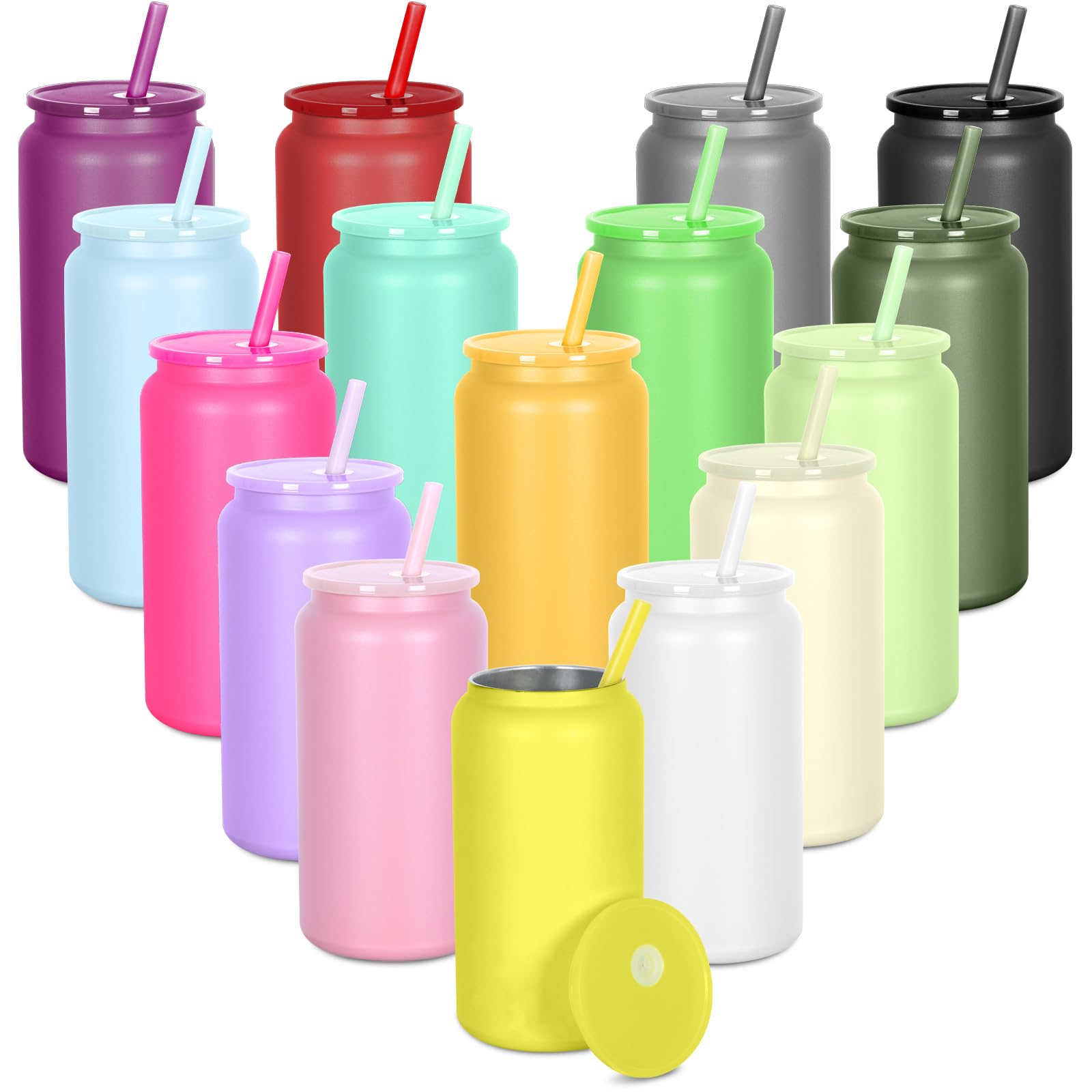 Photo 1 of 16oz Stainless Steel Can Tumblers, 16 Pack Insulated Beer Can Glass Cups with Lids and Straws, Iced Coffee Cup for Smoothie, Juice, Soda, Milk, Multiple colors
