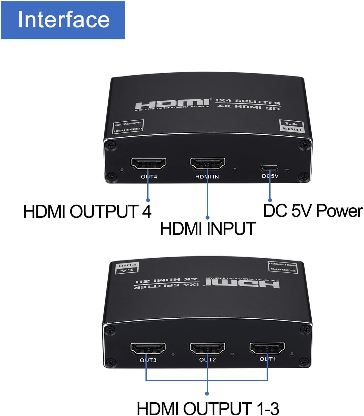 HDMI Splitter 1 in 4 Out, 1x4 HDMI Splitter Audio Video Distributor Box Support 3D & 4K x 2K Compatible for HDTV, STB, DVD, PS3, Projector Etc image 5