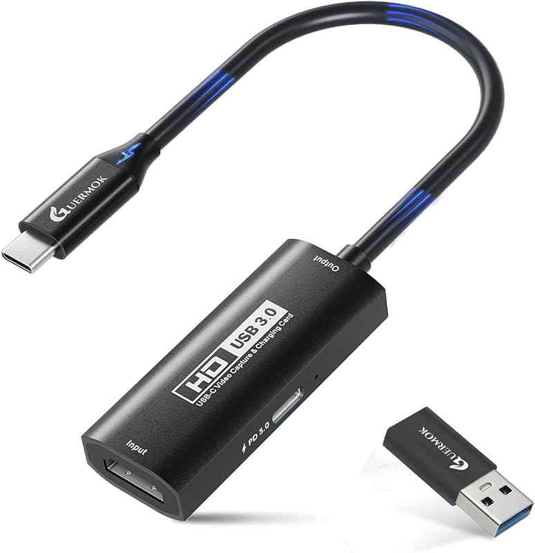 Guermok Tarjeta de Captura HDMI 4K USB3.0 con PD 100W, 2K@30FPS o 1080P@60FPS | Tarjeta de captura de vídeo HDMI a USB-A/C para transmisión OBS, funciona con iPad Quest 3, MacOS, Switch2/1 PS5/4, Xbox, cámara, negro