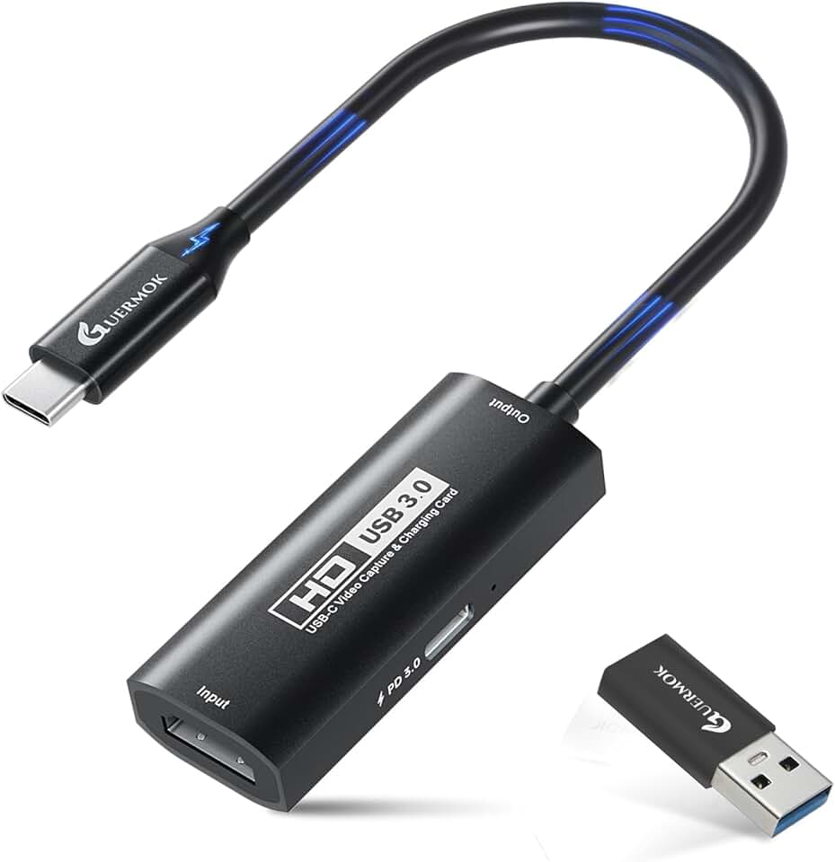 Guermok 4K USB3.0 Video Capture Card with PD 100W, 2K@30FPS or 1080P@60FPS HDMI to USB-A/C Capture Card for Streaming, Works with iPad Quest 3, Mac OS, Switch2/1 PS5/4, Xbox, Camera, Black