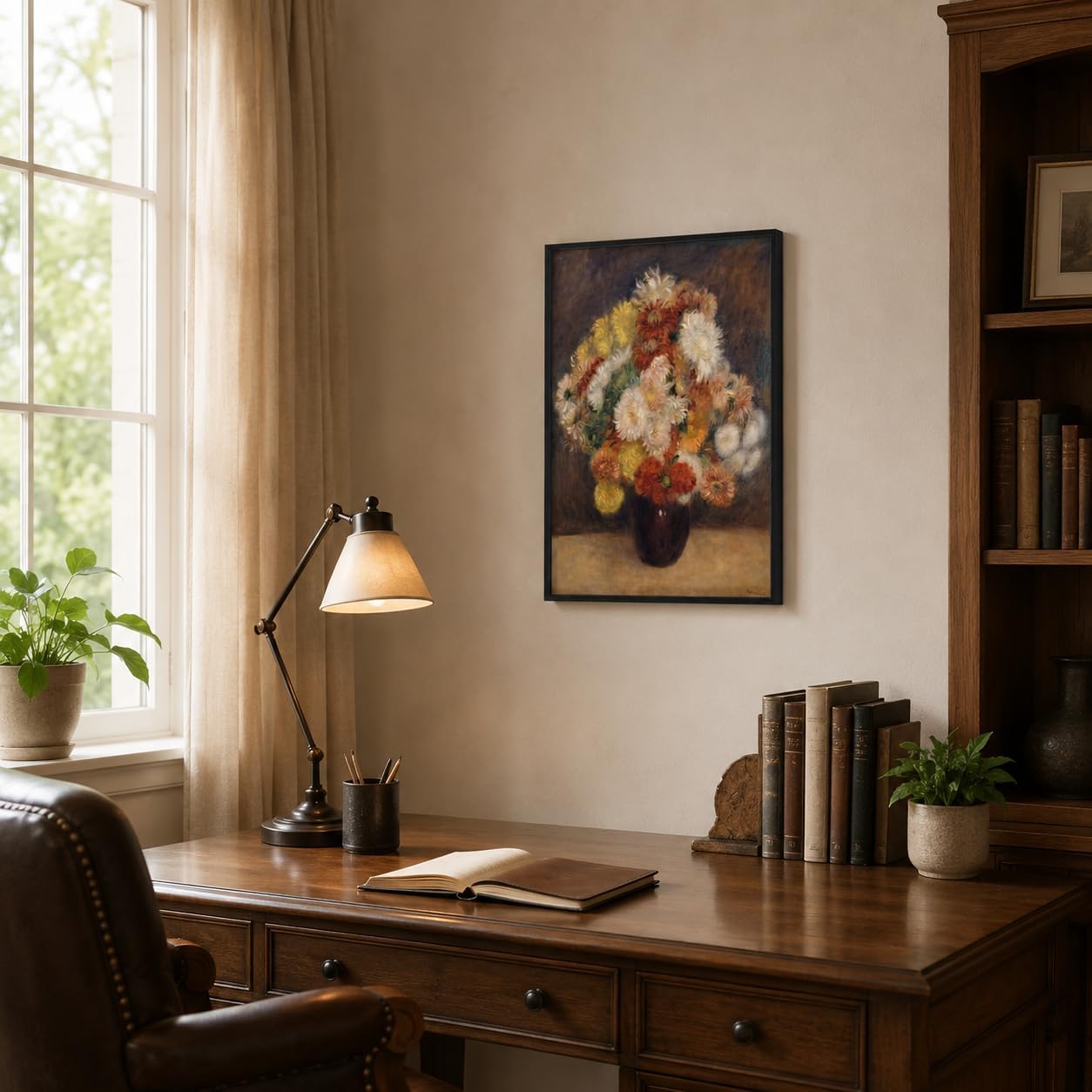 Renoir Chrysanthemum Floating Framed Canvas Wall Art Floral Vase Painting Prints Posters Impressionist Wall Decor Public Domain Flower Artwork for Living Room Bedroom Office Gallery Gift 12x16 Inches