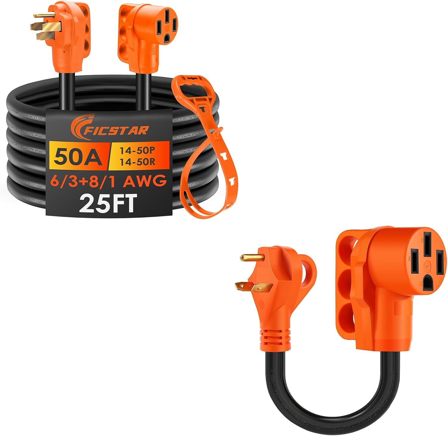 25FT 50 Amp RV/Generator Extension Cord Outdoor with Grip Handle,14-50P to 14-50R with LED Power Indicator & Polarity Lamp,ETL Listed,30 Amp to 50 Amp RV Dogbone Adapter Cord 12 Inch with Grip