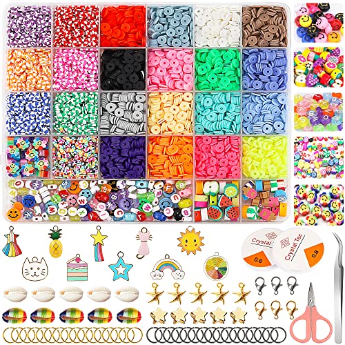 Chennyfun 22 Colores Arcilla Perlas Kit, 5300Pcs Cuentas de Arcilla Polimérica Cuentas Planas Con Cuentas del Alfabeto, Cara Cuentas Sonrientes, para Hacer Joyas Pulsera Manualidades de Joyería