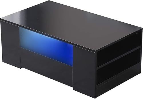 Miniatura 1 de Fichiouy Moderna mesa auxiliar de 37 pulgadas con cajón, mesa rectangular con luz LED para sala de estar, blanconegro (mesa auxiliar negra de alto
