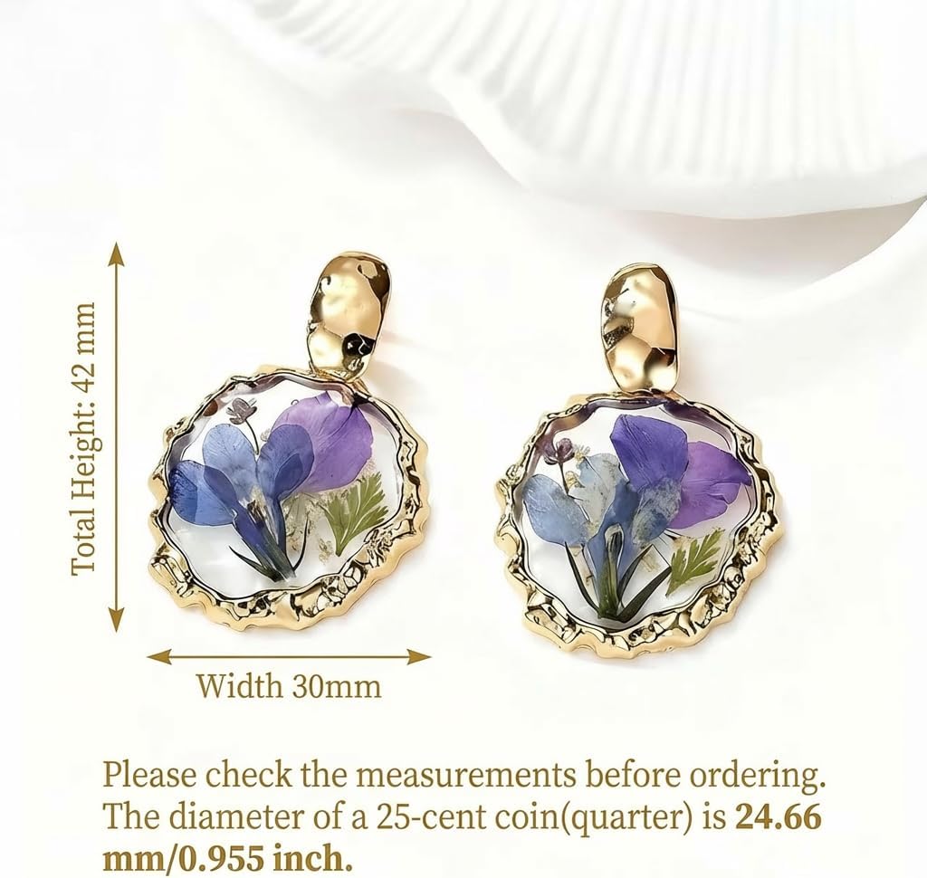 Real Pressed Flower Dangle Earrings for Women, Handmade Boho Chic Floral Jewelry, Gold Tone Earrings Unique Pretty Valentine’s & Mother’s Day Gift for Women Girls Best Friend - Image 2