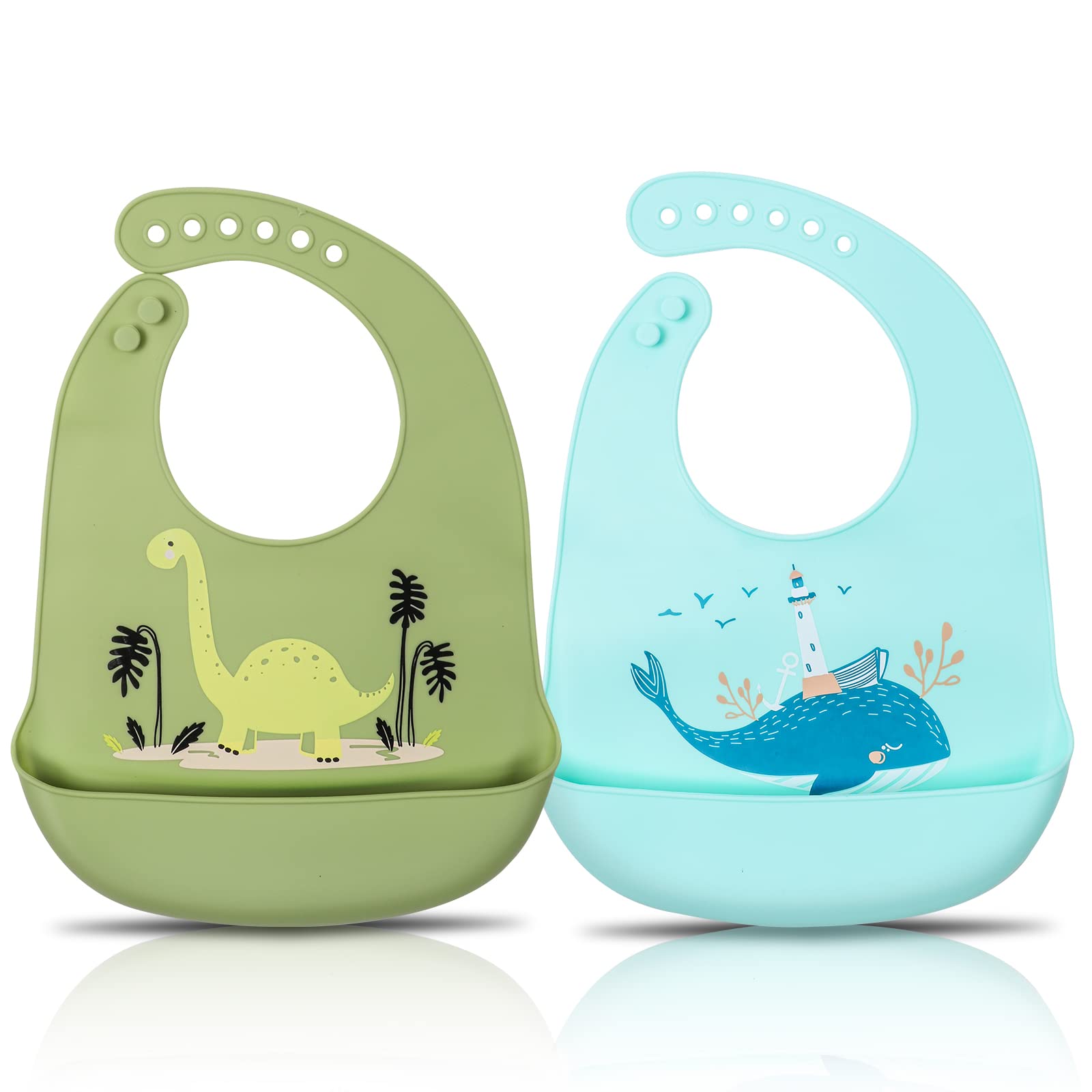 ABirdon Bavaglino Silicone, Impermeabile, Facili da Pulire, Lavabile, BPA Free, 6 Dimensioni Regolabili Bavaglini Silicone Morbido con Raccoglipappa per Ragazzi e Ragazze