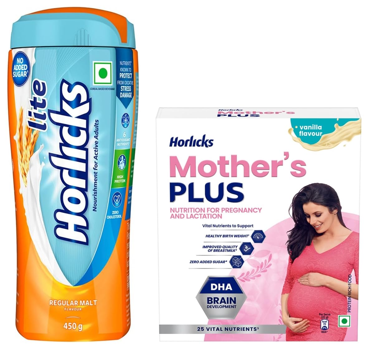 Mother's Plus Vanilla 200g Refill, Protein Powder for Pregnancy, Breastfeeding with DHA & Horlicks Lite 450g, Scientifically designed for Adults High Protein, Malt Flavor