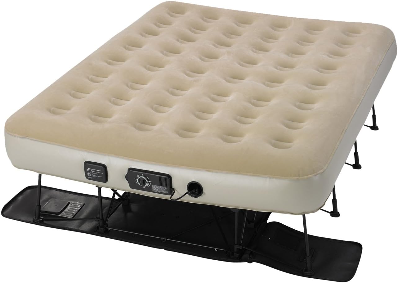 Serta EZ Raised Foldable Portable Air Mattress Bed with Built In NeverFlat AC Pump, Rolling Duffel Bag, Steel Frame and Repair Kit, Tan, Queen Bed
