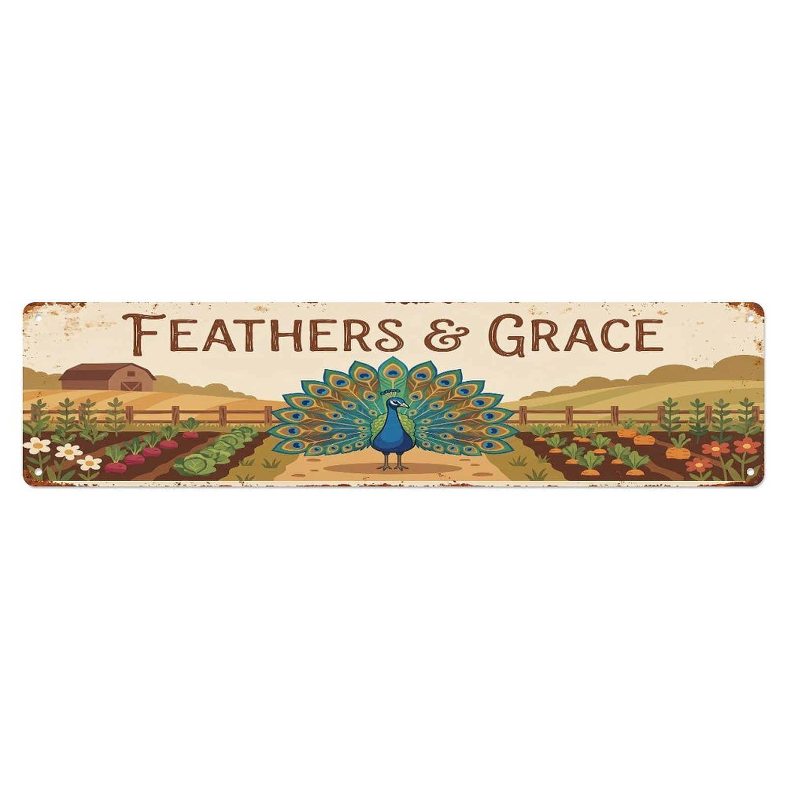 Vintage Peacock Farm Scene FEATHERS & GRACE Metal Tin Sign