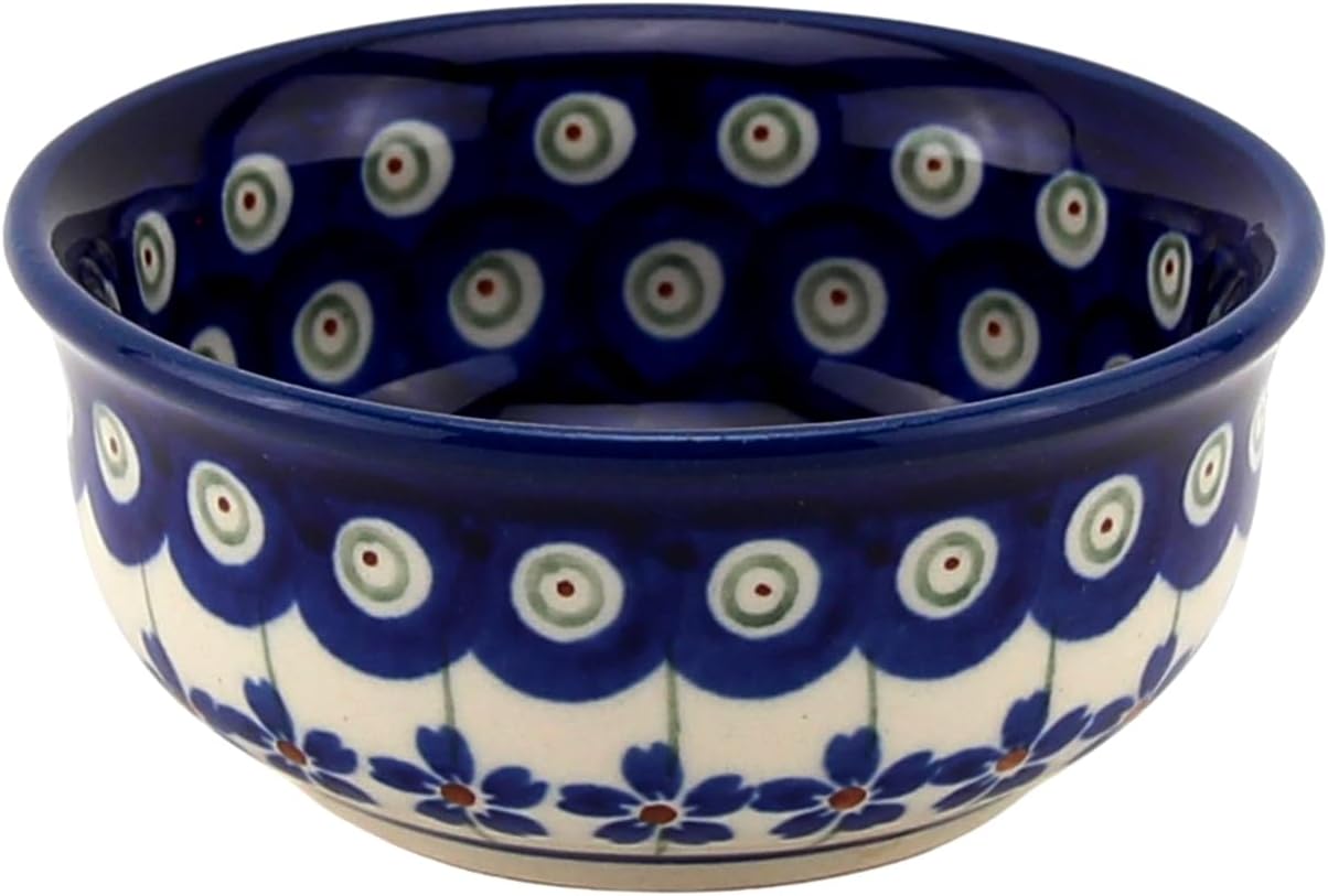Polish Pottery Market Small Bowl – Handmade in Boleslawiec, Poland by Zaklady – 3.75-Inch Polish Stoneware Bowl - Floral Peacock Pattern