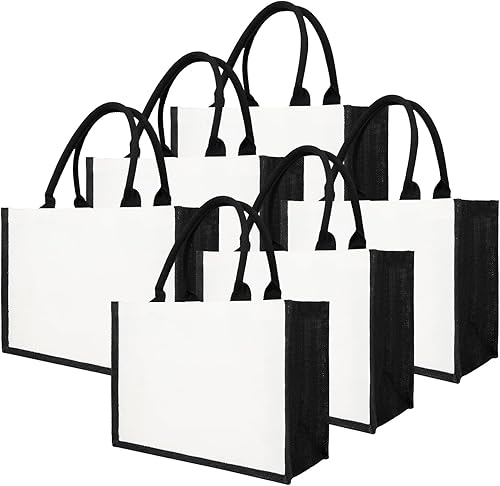 Miniatura 7 de TOPTIE 6 bolsas de lona de arpillera en blanco y negro, bolsa de compras de comestibles, bolsa de playa para picnic