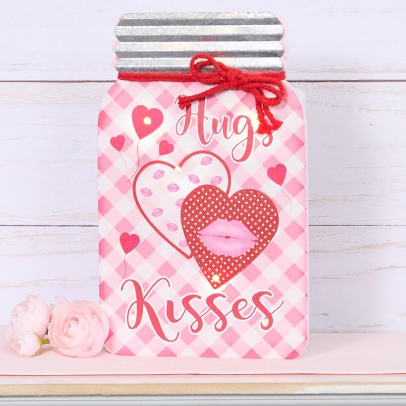 Valentine and St Patrick's LED Lighted Mason Jar Wall Plaques - Hugs and Kisses