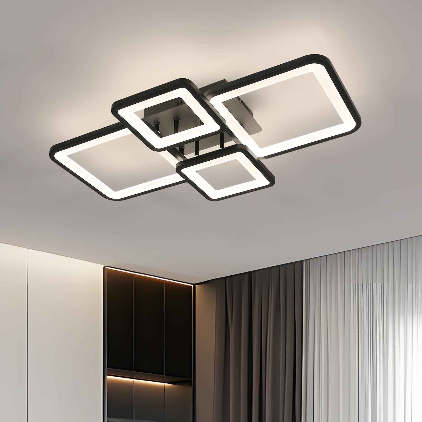 Mckalen LED Ceiling Light Black, 56W 6300LM Modern Ceiling Lamp Square Design, Acrylic LED Chandelier for Living Room Kitchen Bedroom Dining Room Office, 4500K Natural Light