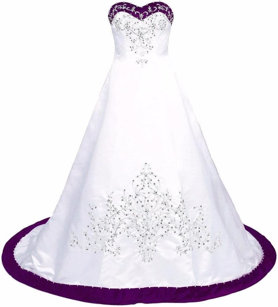 Women's Court Train Embroidered Satin Wedding Dress Bride Gown