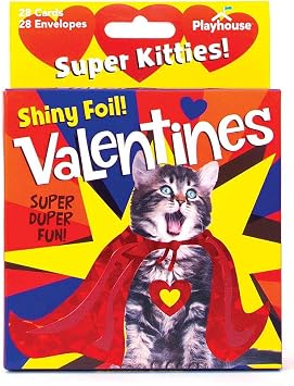 Playhouse Super Hero Kitty Shiny Foil 28 Card Valentine Exchange Box with Envelopes for Kids