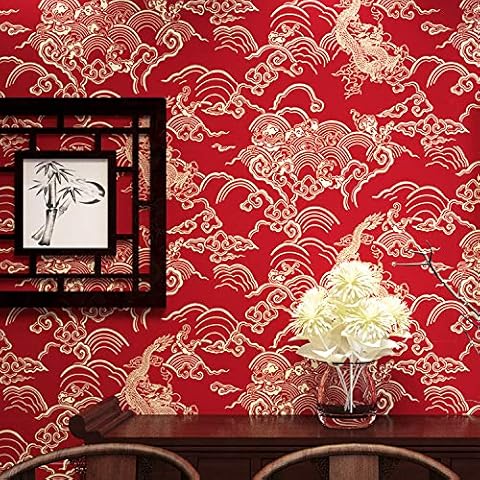 9.5X0.53M Traditional Chinese Red Yellow Dragon Waterproof Textured PVC Wallpaper Roll for Bedroom Livingroom 1.73' W x 31.2' L=5.035㎡ (54sq.ft) Cover