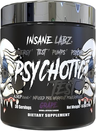 Insane Labz Psicótica Energía de testosterona de alta estim y Polvo de pre-entrenamiento de bomba con bitartrato DMAE Ácido aspártico Creatina HCL y