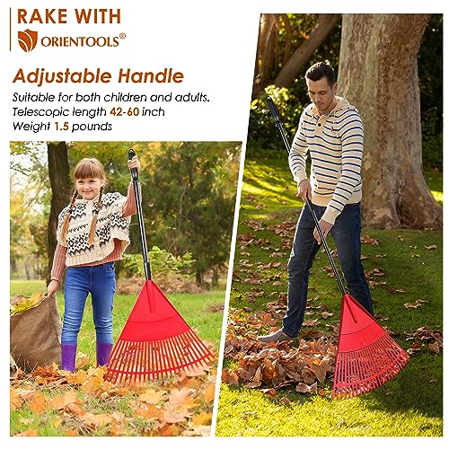 ORIENTOOLS Garden Leaf Rake, Garden Rake with Adjustable Extendable Steel Tube 42 to 60 Inches, Lightweight Yard Rake,with 22 Tines, Rakes for Leaves Lawns Yard Shrub - Thumbnail 5