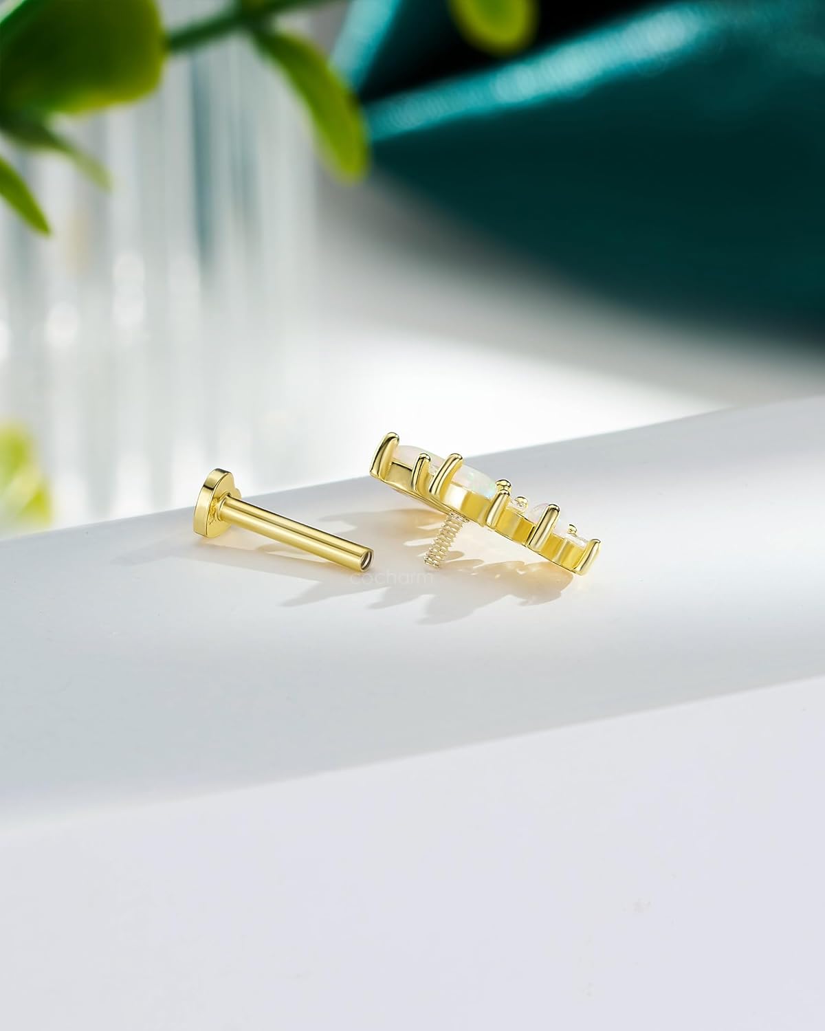 COCHARM 14K Gold Plated Cartilage Earrings Stud 925 Sterling Silver Opal Helix Earrings for Women Internally Thread Flat Back Earrings Heart - Image 5