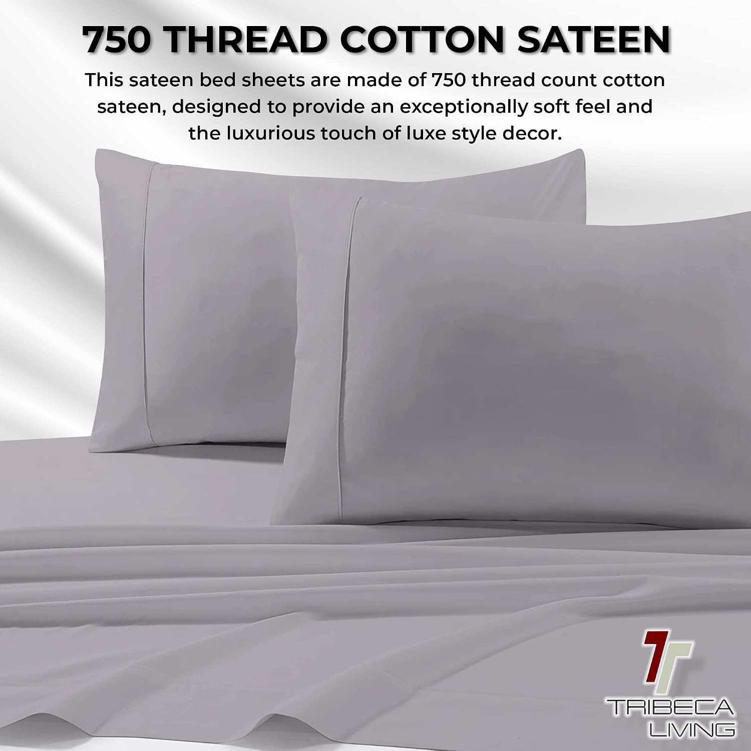 Tribeca Living King Bed Sheet Set, Soft Cotton Sateen Solid Sheets and Pillowcase Set, Extra Deep Pocket, 750 Thread Count, 4-Piece Luxury Bedding, Silver Grey