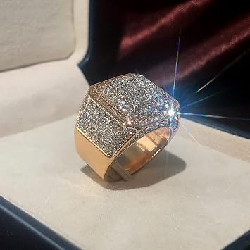 QUSIIOSLK 925 Sterling Silver Luxury Full Diamond Square Ring Iced Out Cubic Zirconia Rhinestone Ring Hip Hop Rock Gold Plated Bling Statement Ring Wide Band for Men (Size-10)