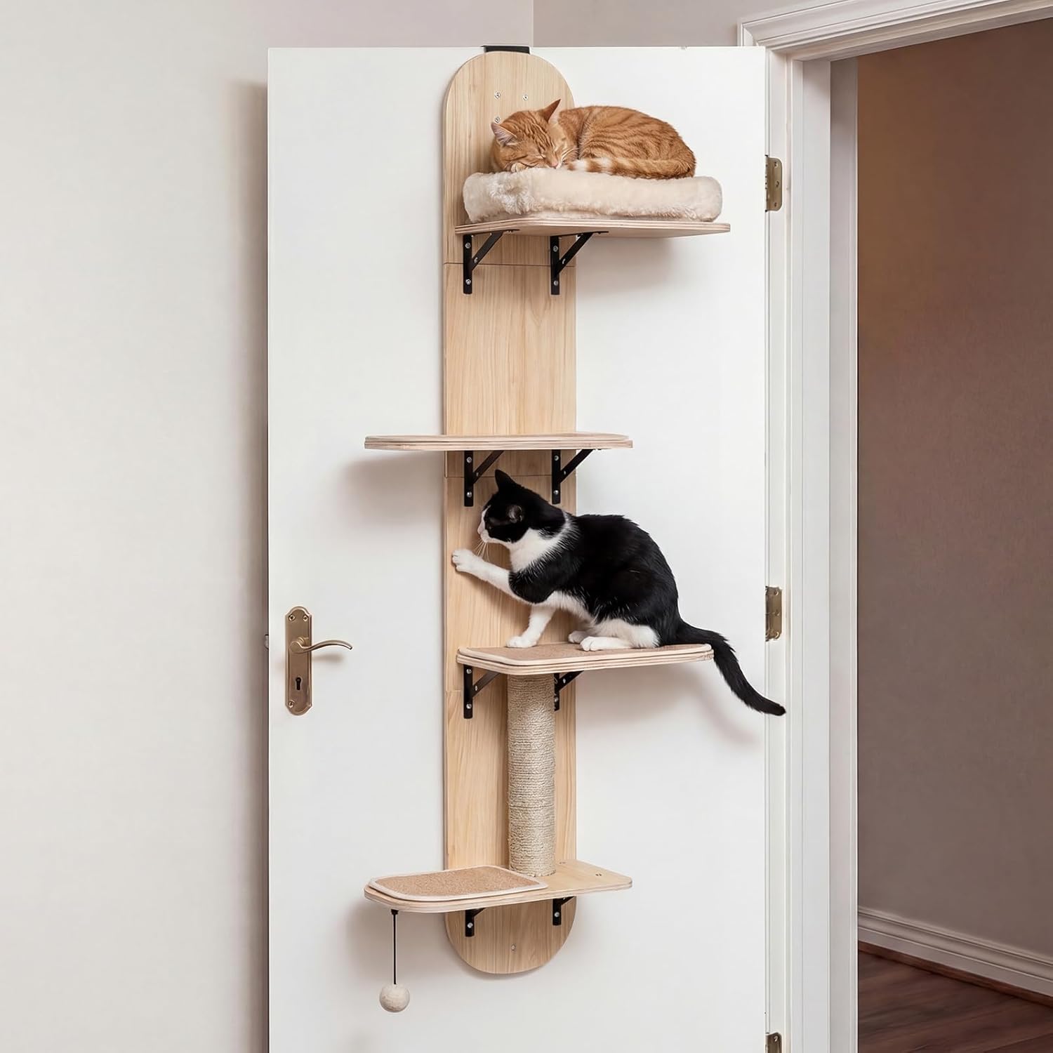 PETSITE Door Mounted Cat Tree, 58.5-61.5 Inches Height Adjustable Hanging Cat Climber with Scratching Post, Detachable Scratching Mats, and Comfy Plush Cat Bed (Natural)