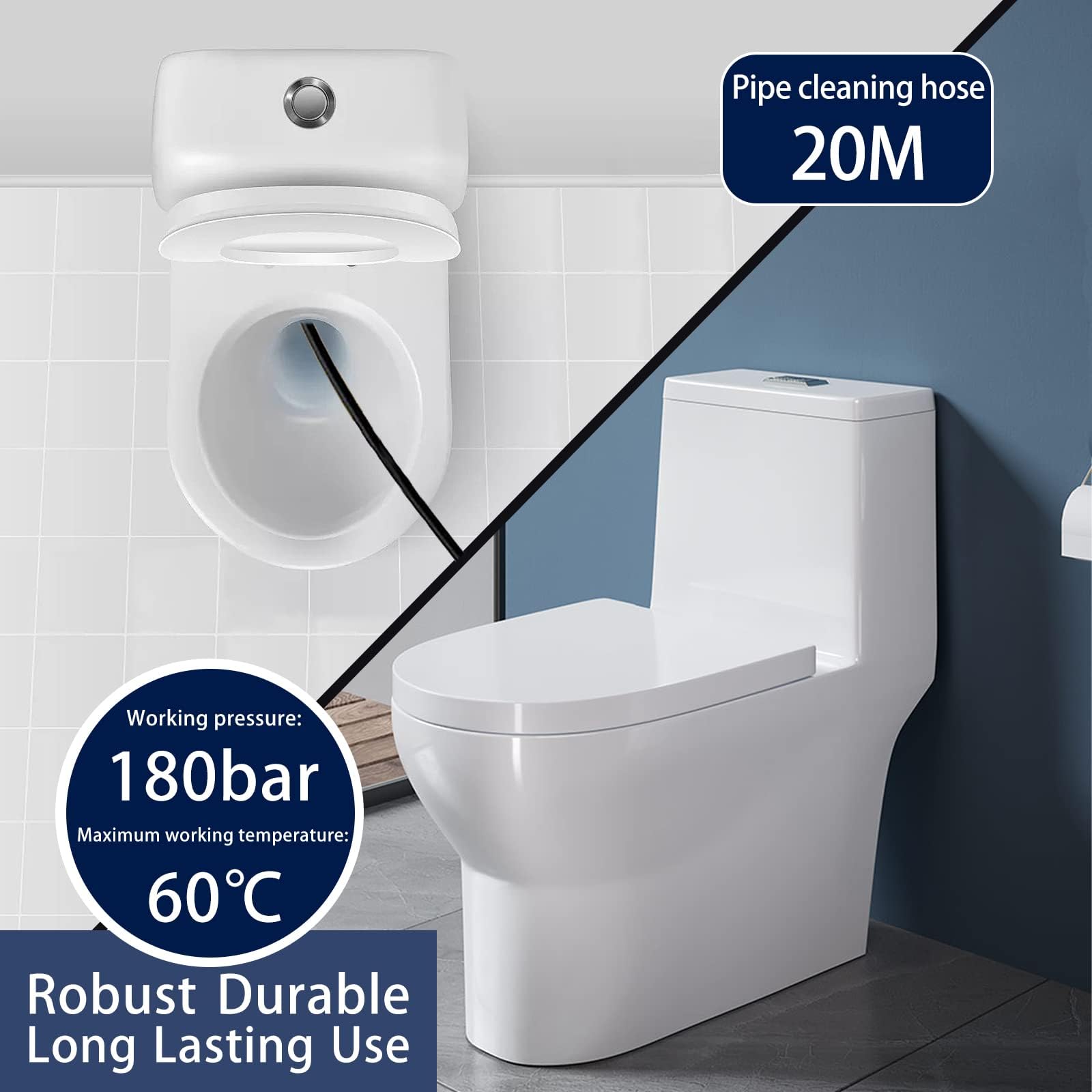 Tubo sboccatore per canalizzazione 20 m, 180 bar, 60 ℃, Furetto ad alta pressione compatibile con Kärcher K2-K7, Lavor, Interpump, Bosch, Accessorio per pulitore ad alta pressione