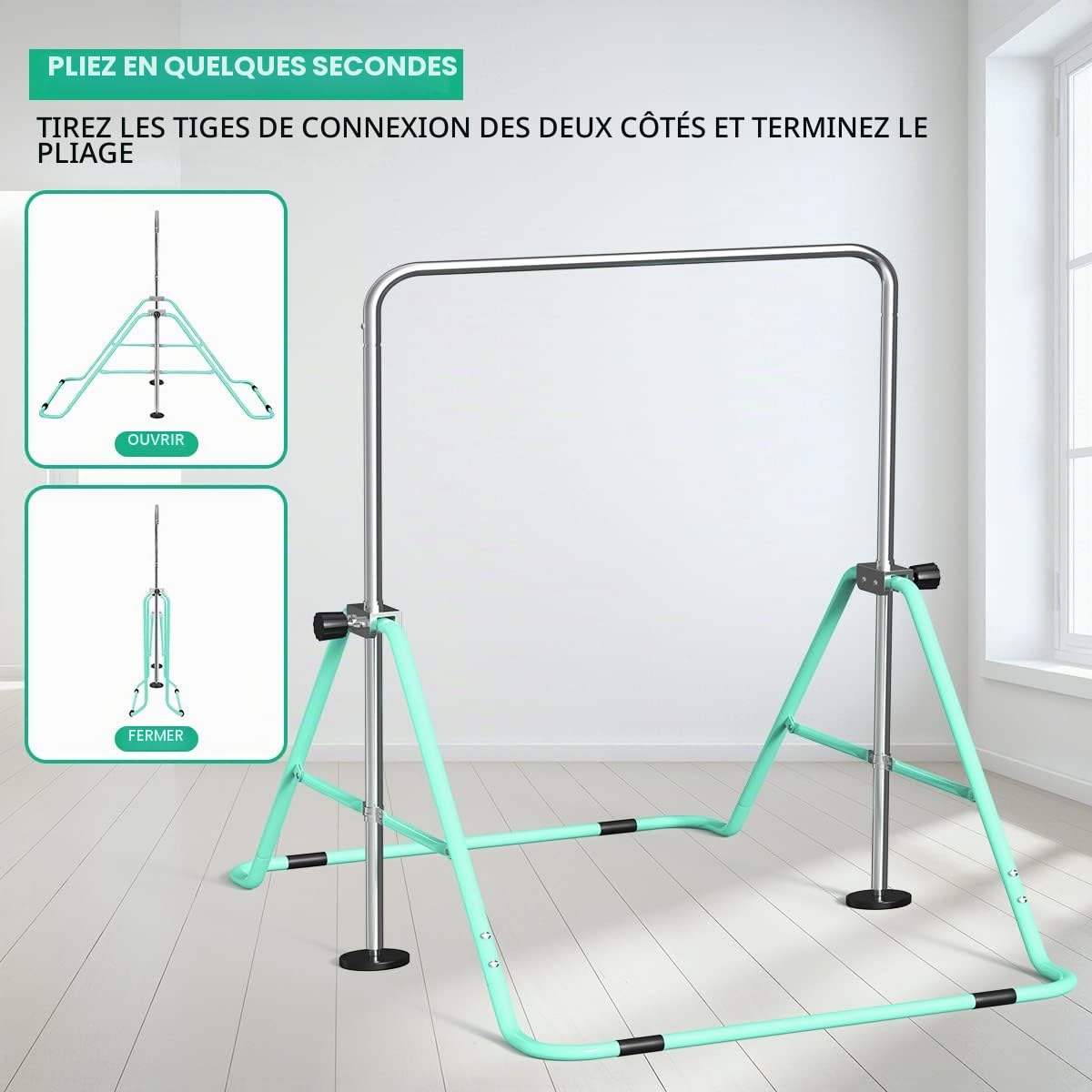 FBSPORT Barre de Gymnastique Enfant Pliable avec Hauteur Réglable Et Anneaux, Barre de Gym Intérieur Exterieur pour Junior Enfants à Domicile