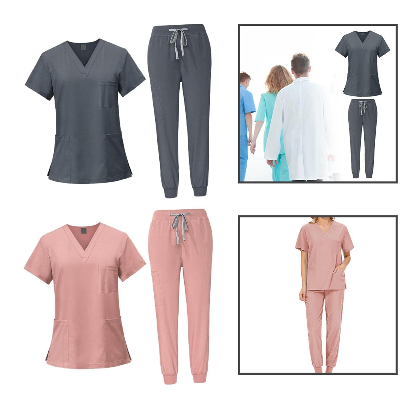 Baoblaze Conjunto de Uniforme Médico para Mujer, Pantalón Y Blusa con Detalles Modernos, rosa y gris