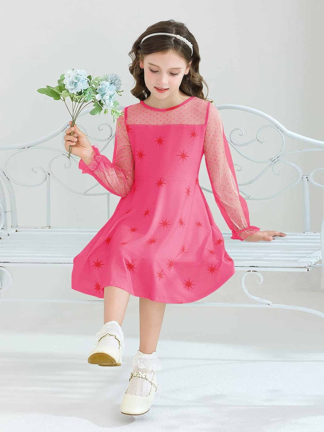 Haloumoning Girls Contrast Mesh Long Sleeve High Waist A Line Short Dress with Pockets 4-14 Years - Image 3