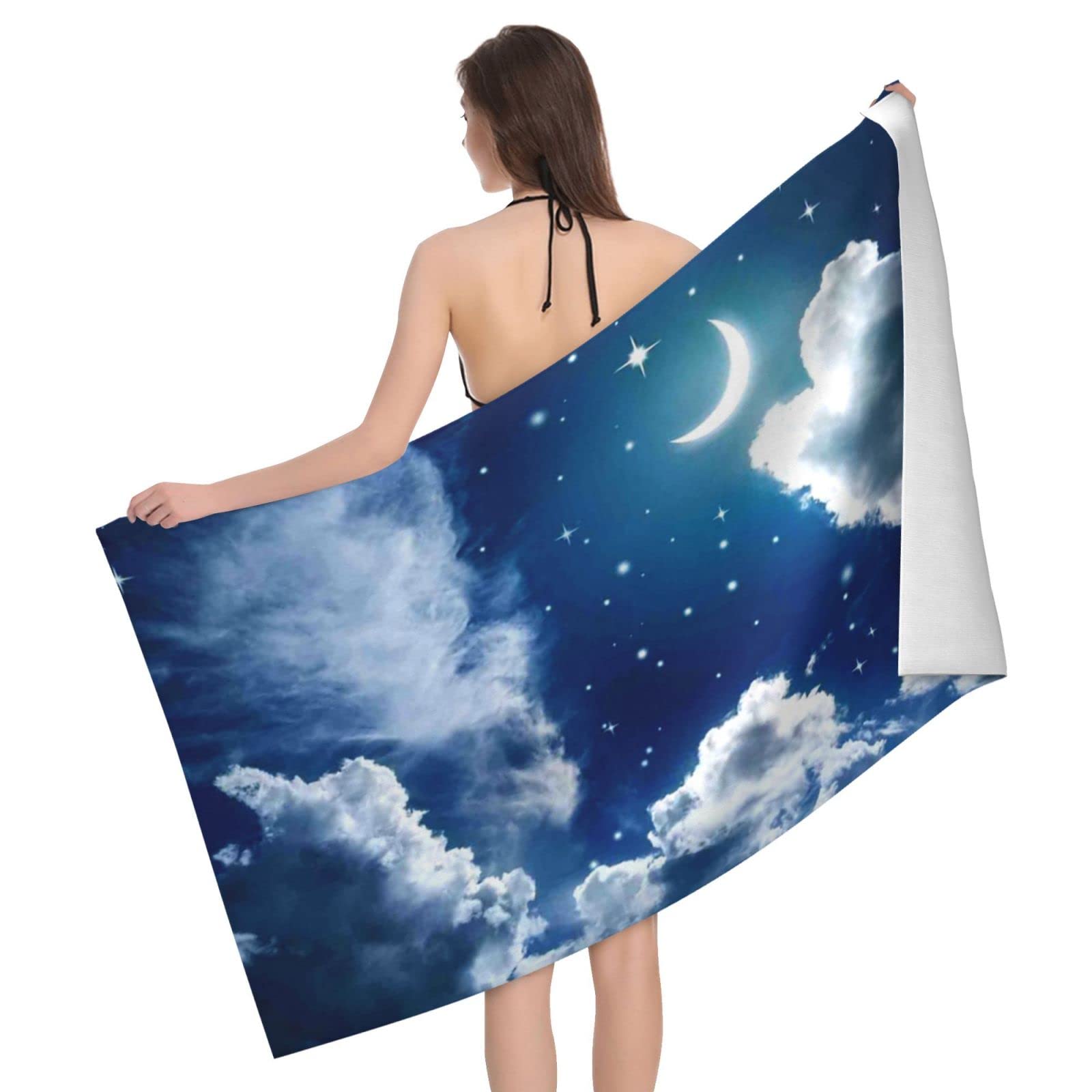 Lawenp Night Sky with Stars and Moon Beach Towel, Lightweight Sand Free Quick Dry Microfiber Absorbent Bath Towel for Kids, Adults, Swimming, Bath, Yoga, Pool, Travel, Camping 32"X52"
