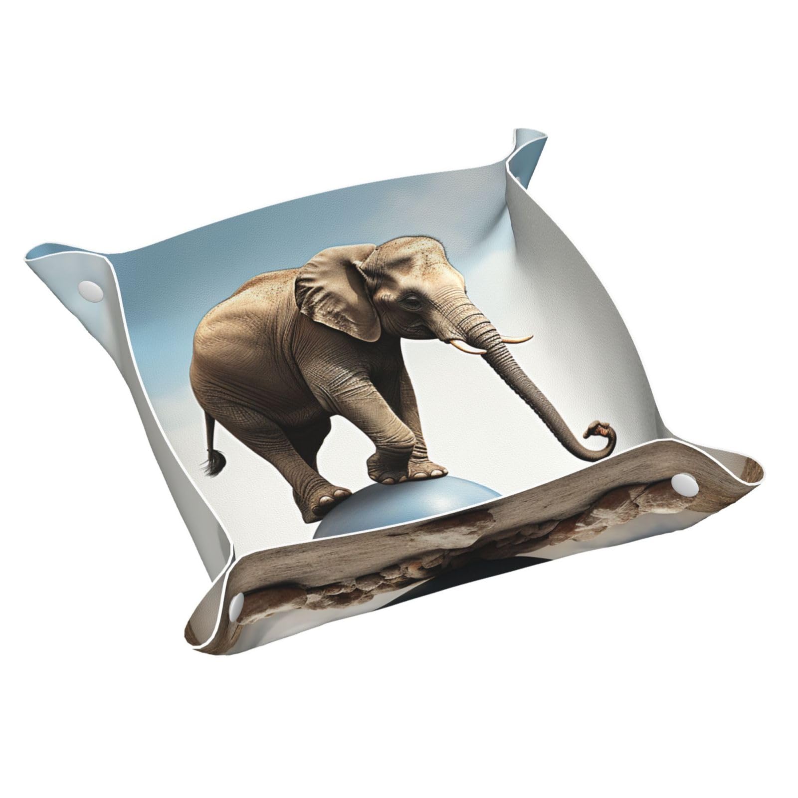 Small Valet Tray Desktop Storage Organizer, Pu Leather Catchall Bedside Vanity Tray Elephant Balancing On Ball Nightstand Caddy Holder for Remote Controller, Keys,Coin, Jewelry