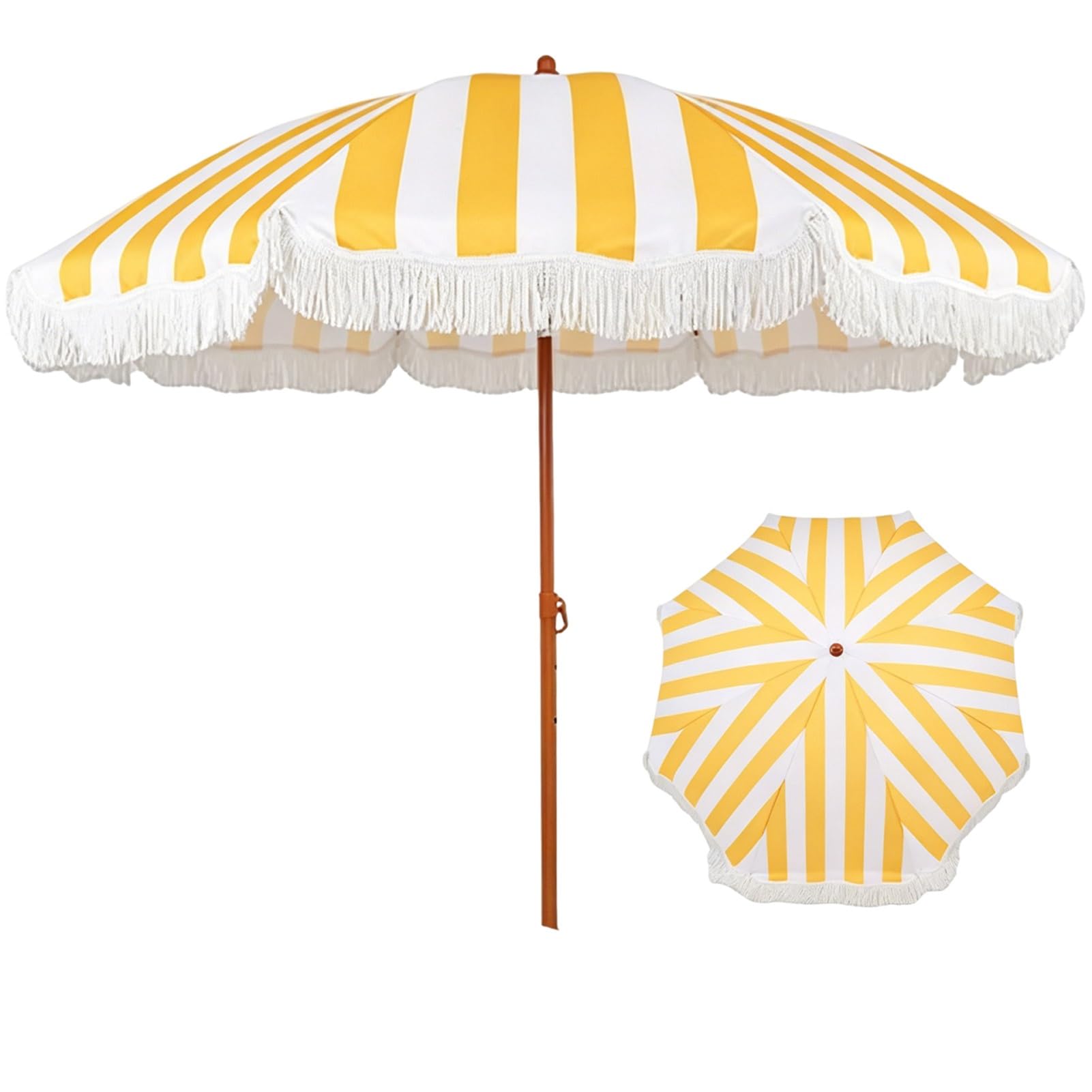 200 cm Parasol Plażowy w Paski z Frędzlami, Odchylany Parasol Ogrodowy z Ochrona UV do UPF 50+ i Stalowym Słupkiem na Plażę, Taras i Piknik(Yellow)